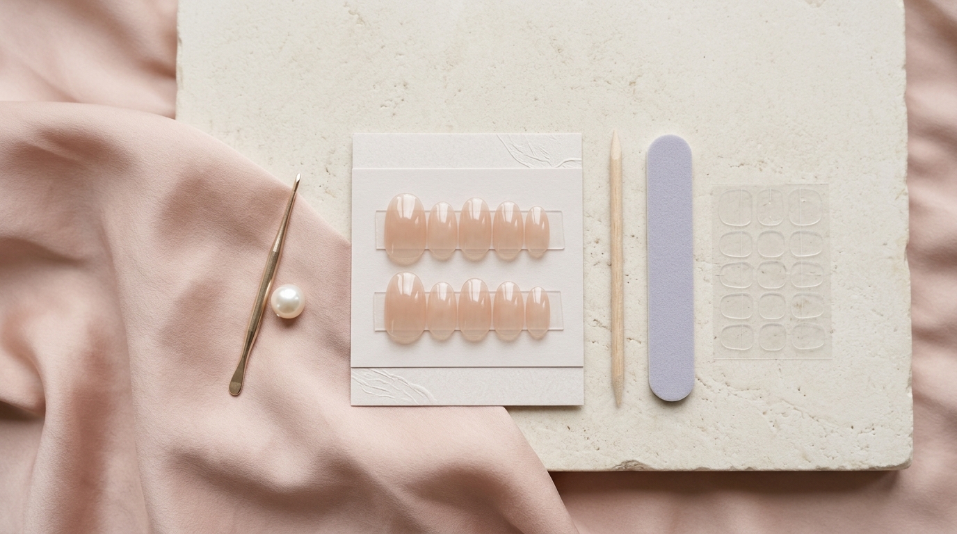 Press-on nail fitting kit arranged on ivory stone