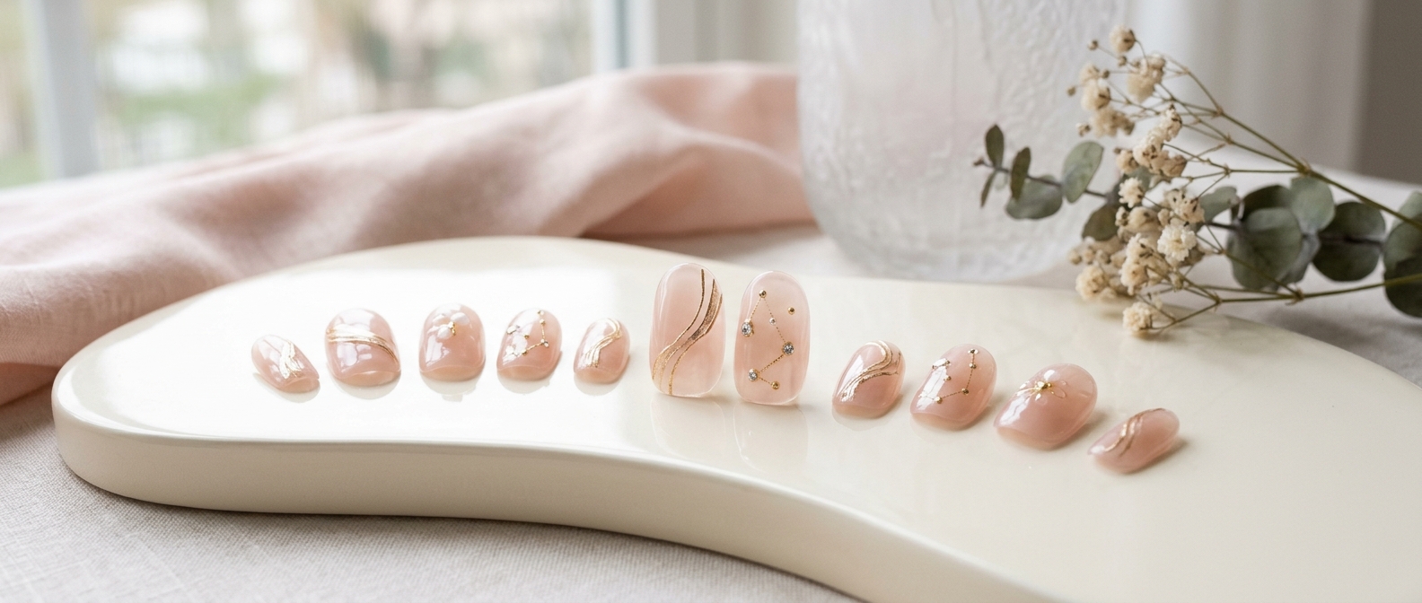Translucent nude-pink press-on nails with pearl and champagne-gold details on an ivory tray