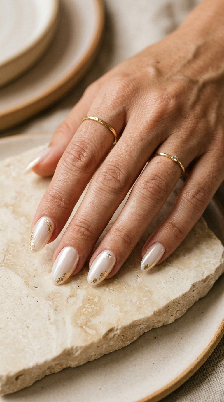 Moonlit Veil pearl-white press-on nails on hand