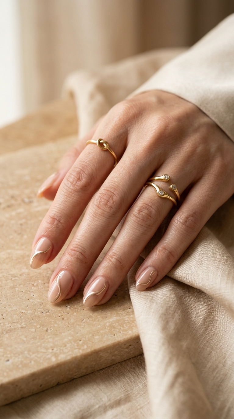 Silk Ribbon tea-nude press-on nails with sculpted gold lines